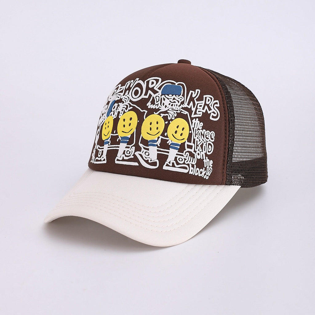 Japanese 25AW Kapital Hirata Kazuhiro Smiley Face Camo Foam Print Mesh Baseball Cap – Breathable Patchwork Design
