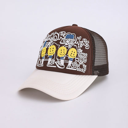 Japanese 25AW Kapital Hirata Kazuhiro Smiley Face Camo Foam Print Mesh Baseball Cap – Breathable Patchwork Design