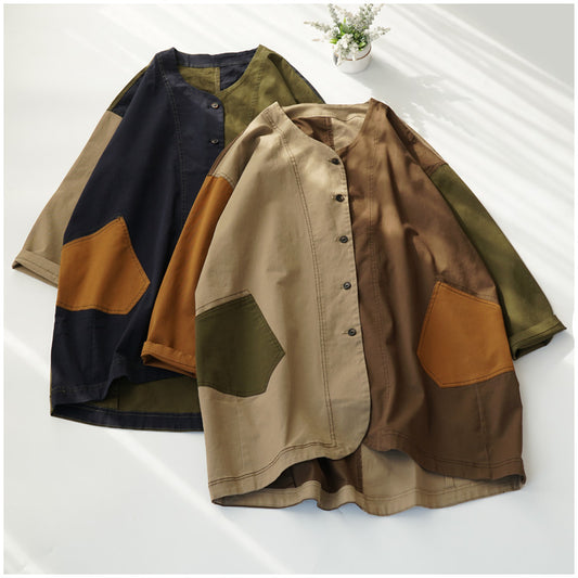 Color-Block Mid-Length Trench Coat – Japanese Retro V-Neck Single-Breasted Jacket