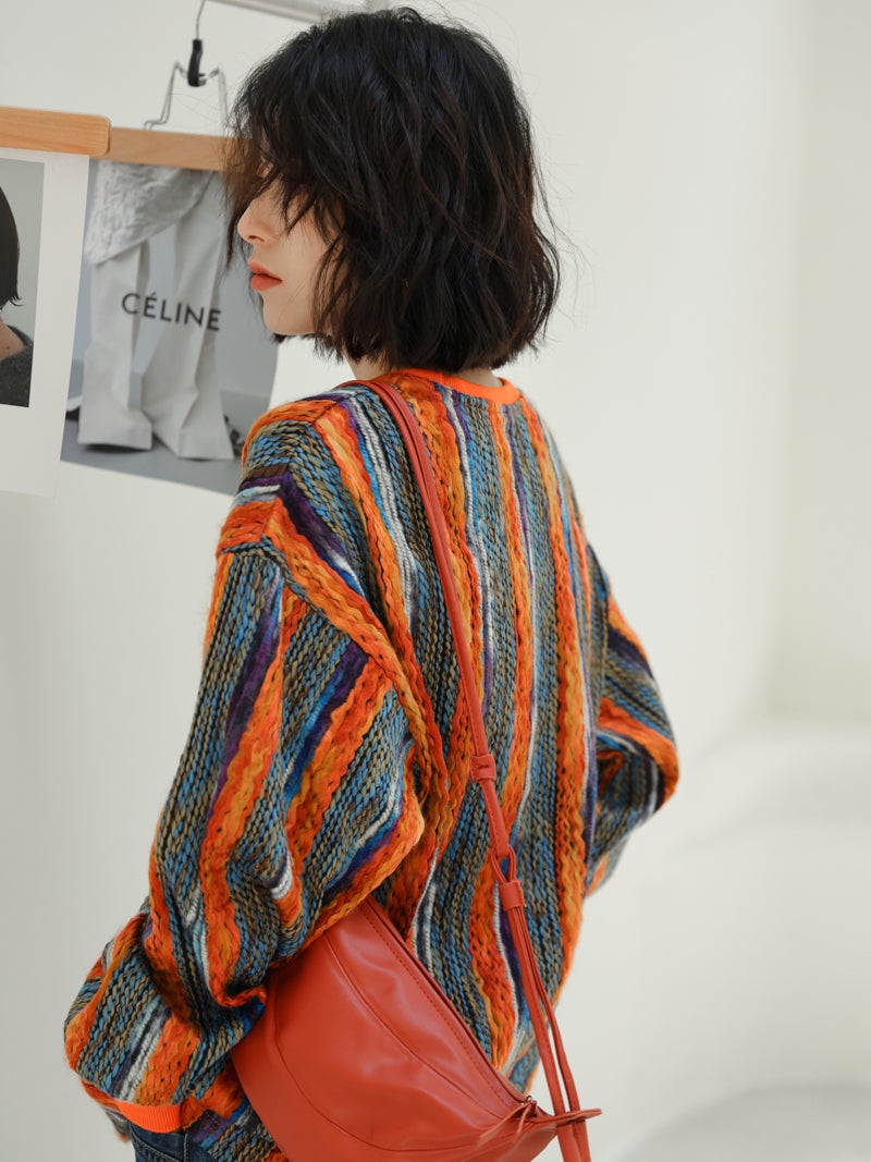 Colorful Striped Lazy Pullover Sweater – Thickened Crew-Neck Loose Fit (Women)