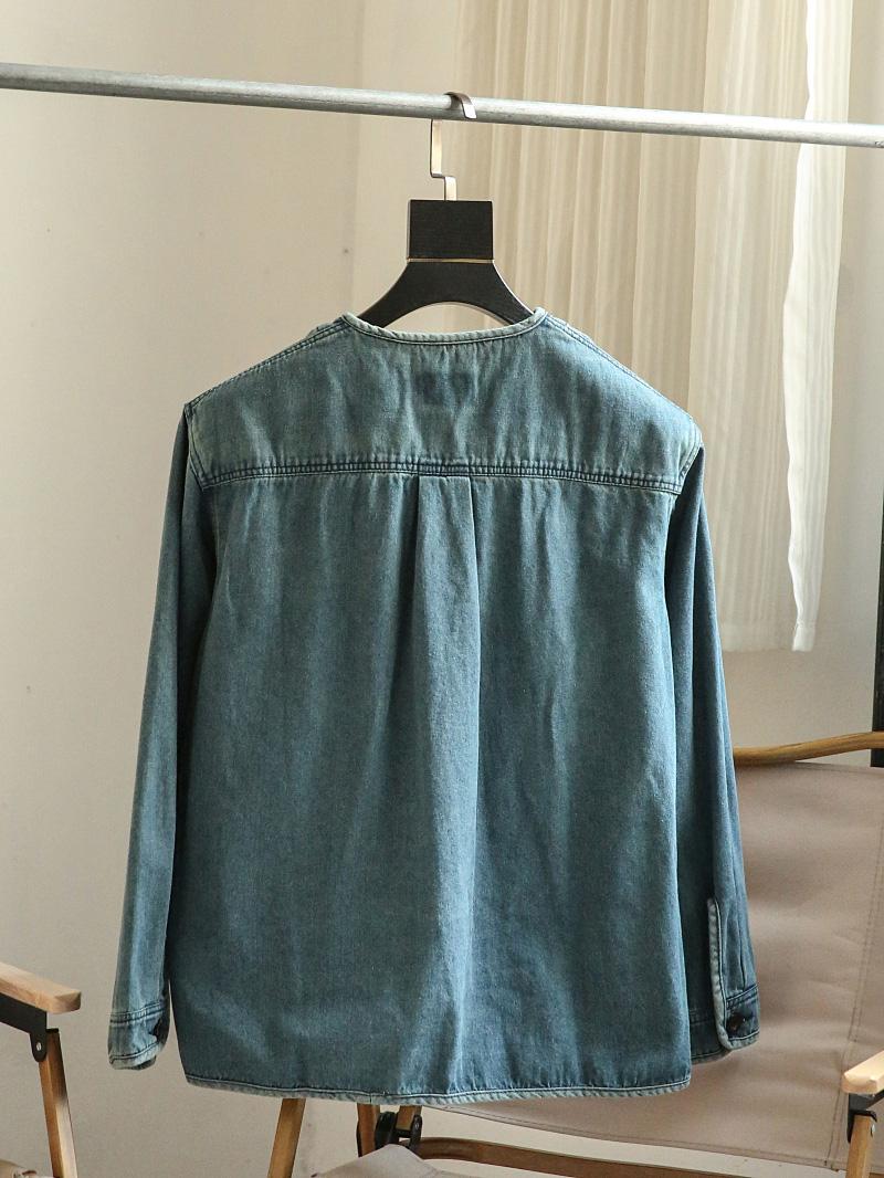 Autumn New Japanese Retro Washed Cotton Men's Casual Versatile Collarless Denim Jacket Coat Trend