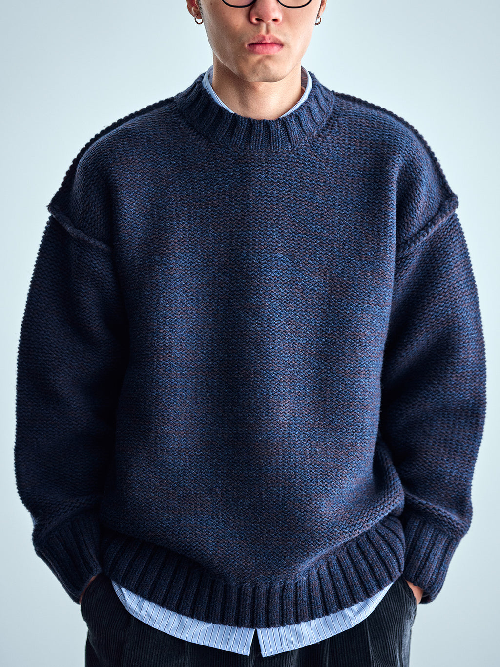 Japanese imported heavyweight high-density woven wool round neck pullover long-sleeved sweater