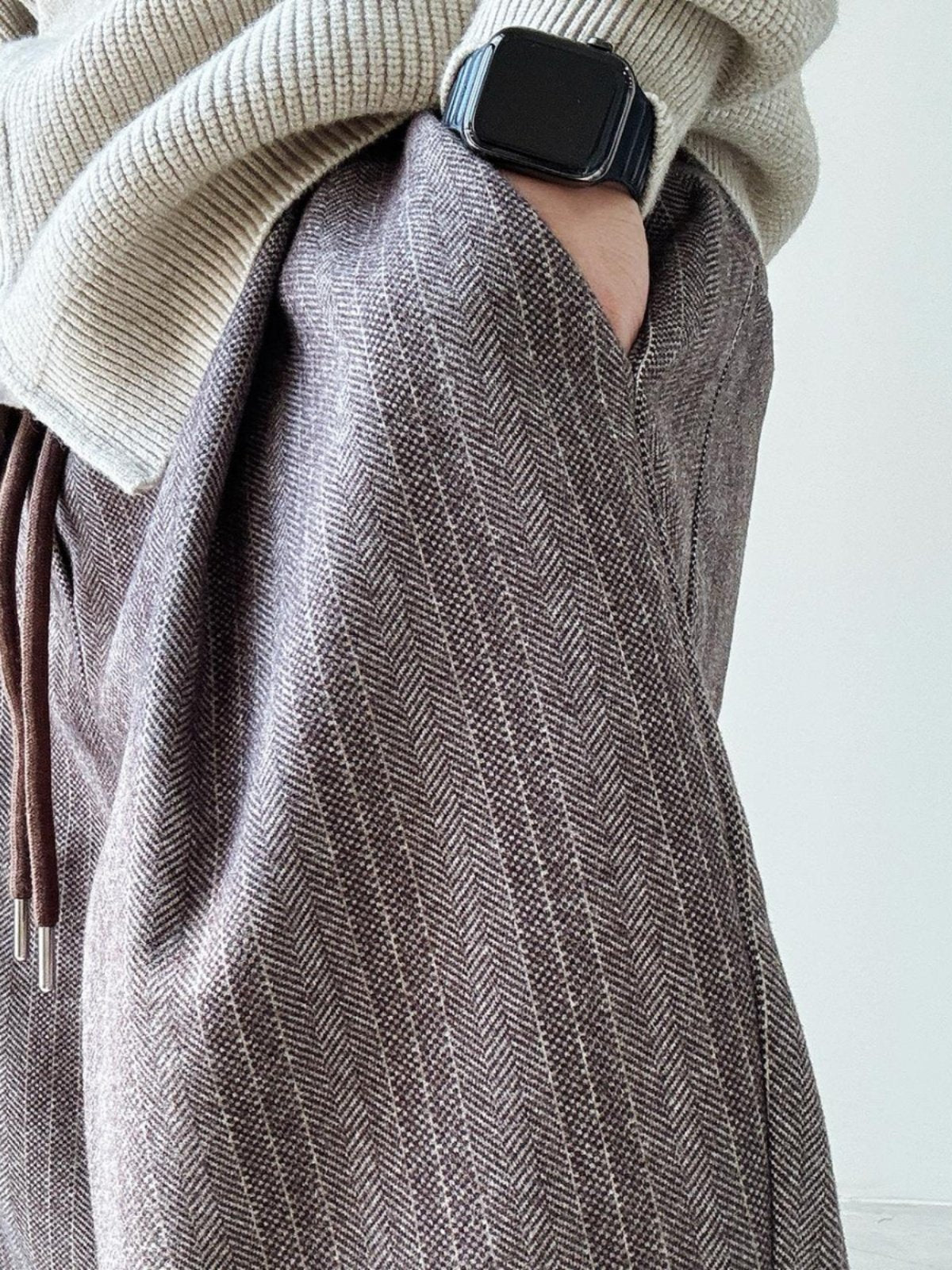 Herringbone Woolen Pants – Relaxed Straight Leg