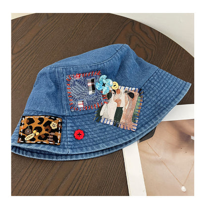 Denim Abstract Appliqué Fisherman Hat – Wide Brim Sun Protection Streetwear – Japanese vintage | yamalin clothes | Yamalinclothes