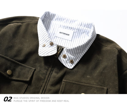 Stripe Patchwork Stand-Collar Harrington Jacket – Oversized Unisex