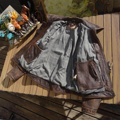 Stone-Washed Distressed Cowhide Leather Jacket – Men's American Retro Cargo Coat