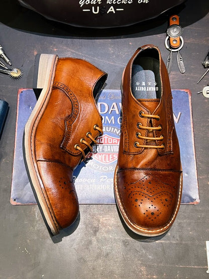 Vintage Brogue Carved Cowhide Leather Shoes – Men's Distressed Brown