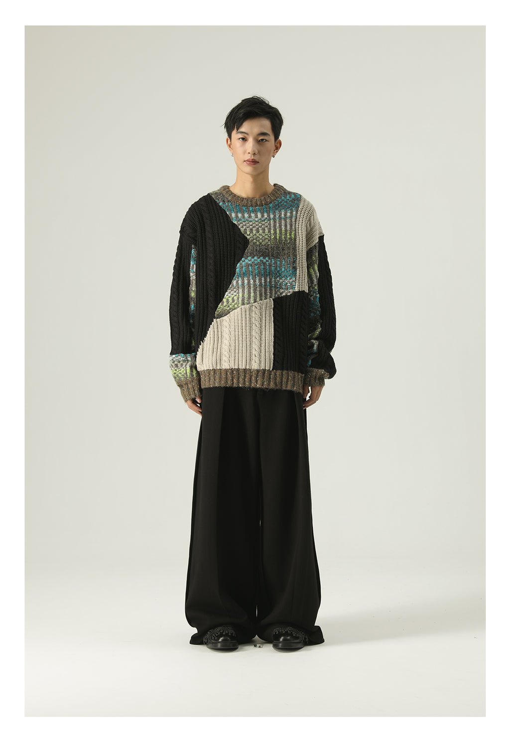 Heavy-weight twisted patchwork gradient back collar camel wool sweater