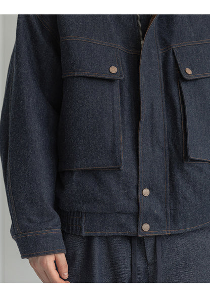 White Duck Down Denim Stand-Collar Jacket – American Vintage Loose Unisex – Coats Jackets | japanese streetwear | vintage workwear | unisex | Yamalinclothes