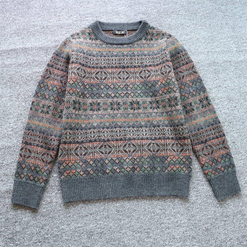 100% Wool Jacquard Stripe Crew Neck Sweater – Men's Thick Knit Pullover