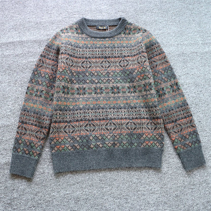 100% Wool Jacquard Stripe Crew Neck Sweater – Men's Thick Knit Pullover