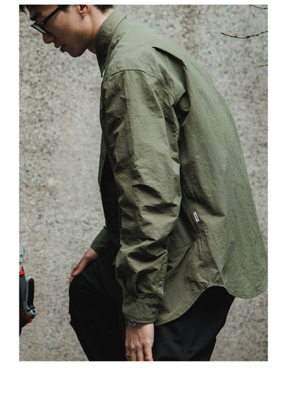 Japanese Workwear Pleated Layered Long-Sleeve Shirt Jacket – Cleanfit Silhouette Men’s Spring Autumn – Japanese vintage | yamalin clothes | Yamalinclothes