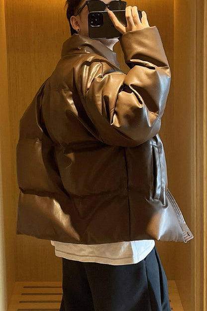 Faux Leather Down Jacket – Short Fit & Stand Collar | Yamalinclothes