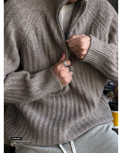 Half-Zip Stand Collar Knit Pullover – Loose Lazy Men – Japanese vintage | yamalin clothes | Yamalinclothes
