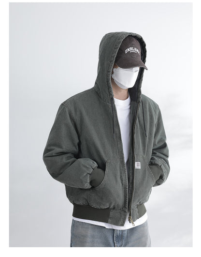 Vintage Wash Distressed Cargo Hoodie Jacket – Thermal Insulated Men's Coat