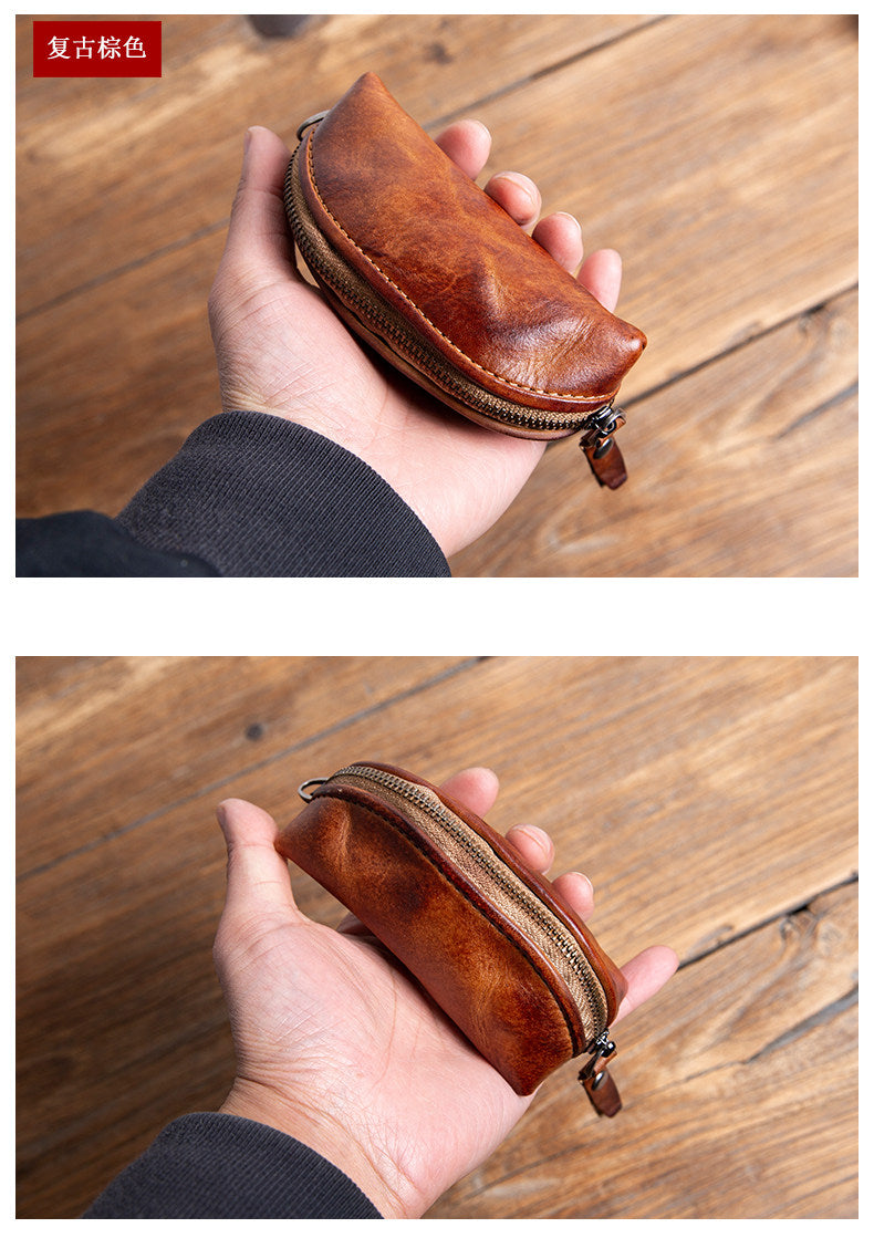Handmade Top-Grain Cowhide Key Case – Vintage Mini Leather Coin Purse