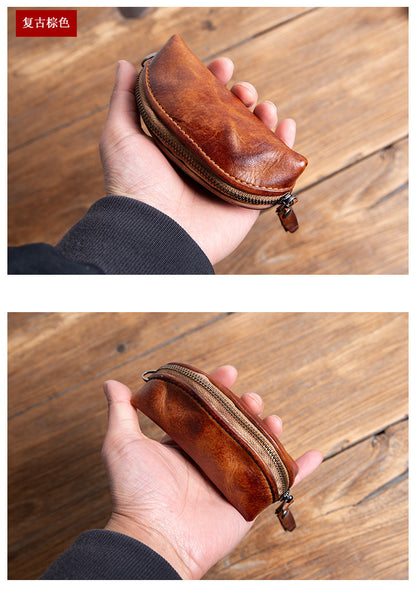 Handmade Top-Grain Cowhide Key Case – Vintage Mini Leather Coin Purse