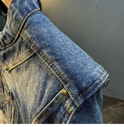 American Utility Stand-Collar Zipper Denim Jacket – Vintage Oversized Men’s Trucker Coat
