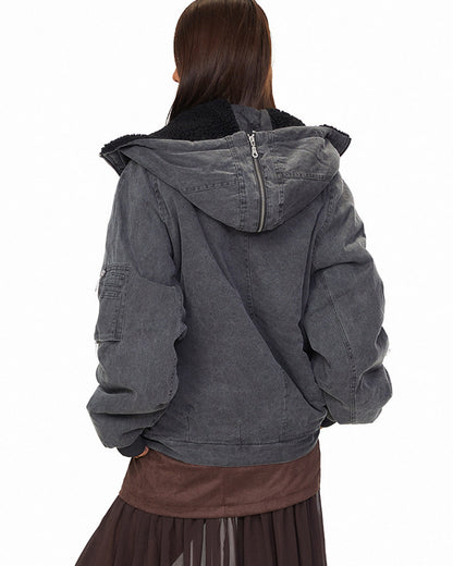 Polar Fleece Hooded Denim Cargo Jacket – Thickened Oversized Unisex