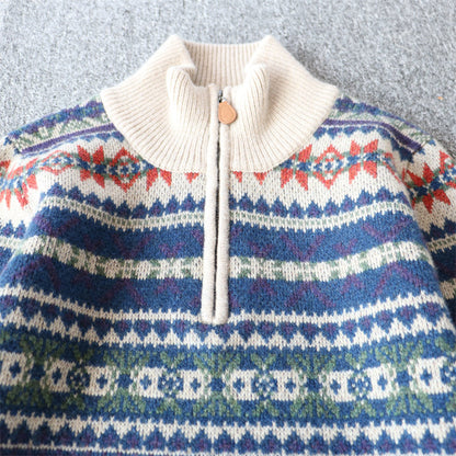 100% Wool Half-Zip Jacquard Stripe Sweater – Men's Ethnic Knit Pullover Khaki