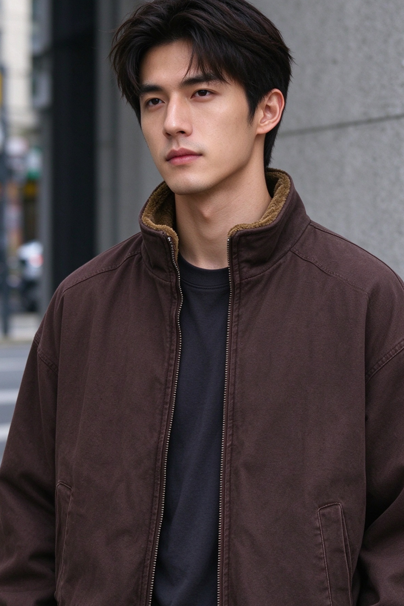 Sherpa-Lined Jacket – Stand Collar & Relaxed Fit | Yamalinclothes