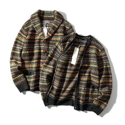 Nordic Fair Isle Knit Cardigan – Wool Blend Jacquard Men – Japanese vintage | yamalin clothes | Yamalinclothes