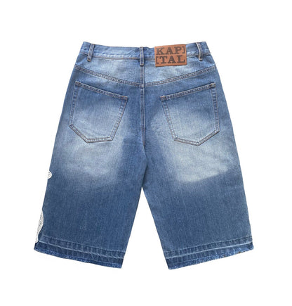 Loose Embroidered Bone Distressed Denim Shorts – Washed Unisex Oversized Streetwear