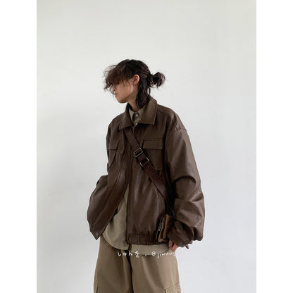 Vintage Moto Leather Jacket – Unisex PU Biker Brown Black
