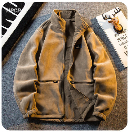 Fleece Thickened Reversible Stand Collar Jacket – Warm Unisex Autumn Winter