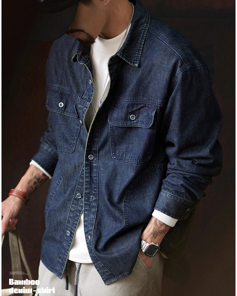 American Workwear Long Sleeve Denim Shirt Jacket - Loose Casual Vintage Denim Overshirt for Men
