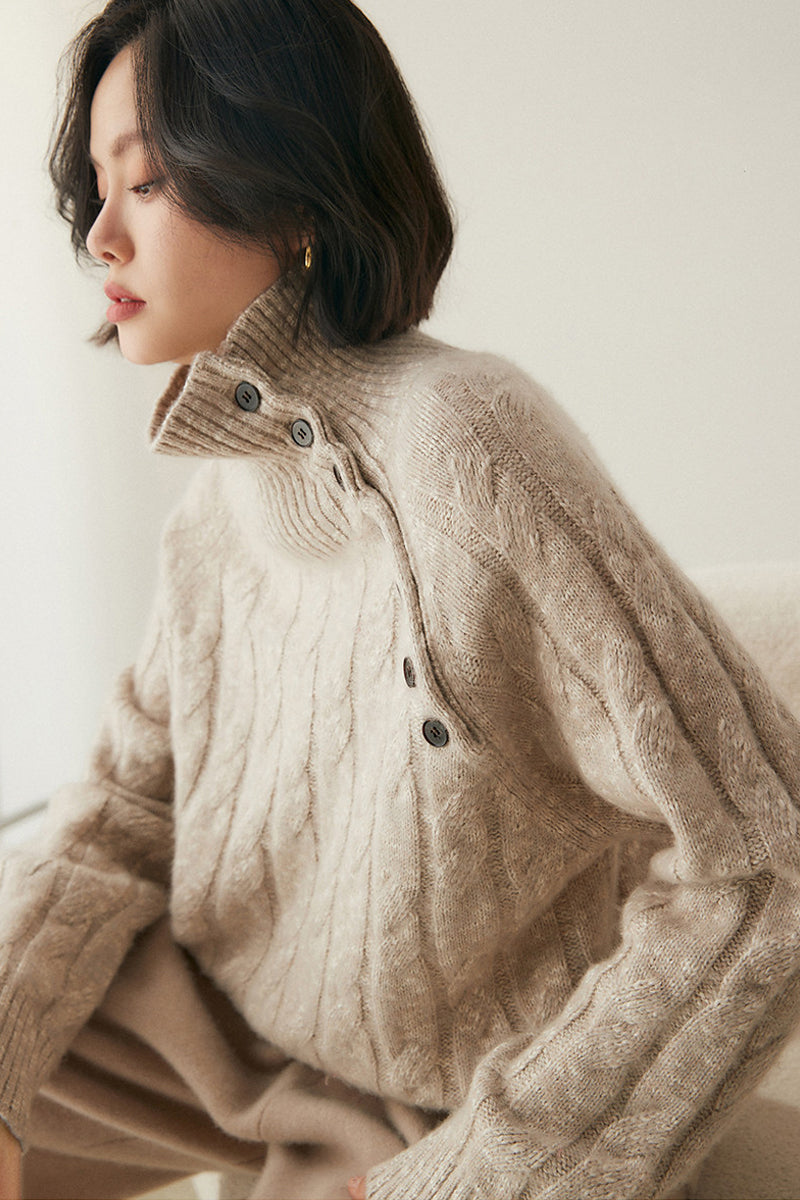 Heavy-duty lazy cashmere sweater, diagonal buttoned floral tulle, thickened twisted high-neck sweater, Korean autumn/winter new women's knitwear | Yamalinclothes