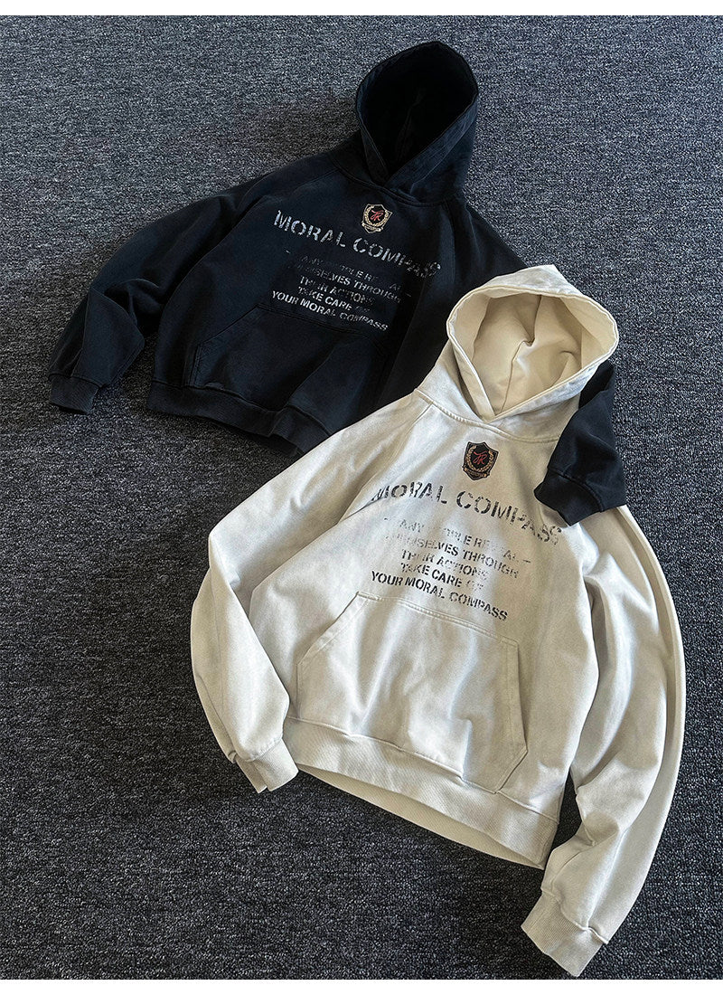 Heavyweight Washed Letter Print Hoodie – Vintage Loose Unisex