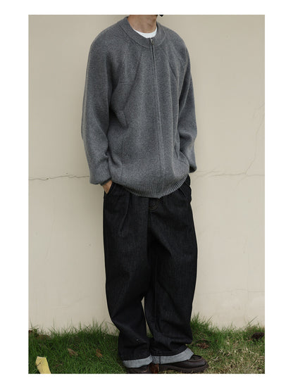 Japanese Zip Stand Collar Knit Cardigan – Loose Men – Japanese vintage | yamalin clothes | Yamalinclothes