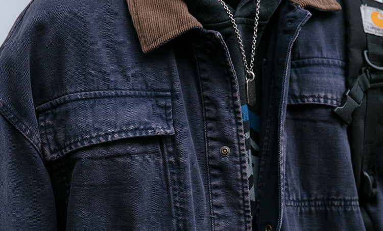Cotton Cargo Jacket – Corduroy Collar & Four Pockets | Yamalin clothes | Vintage workwear outfit for men
