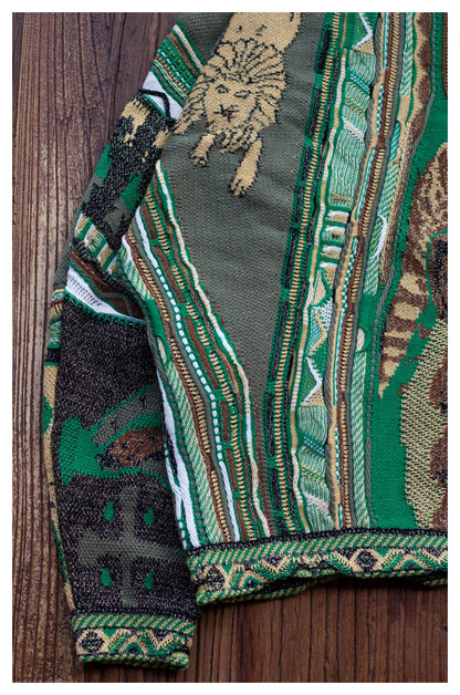Vintage Green Lion Knit Sweater - Japanese Retro Crew Neck Pullover
