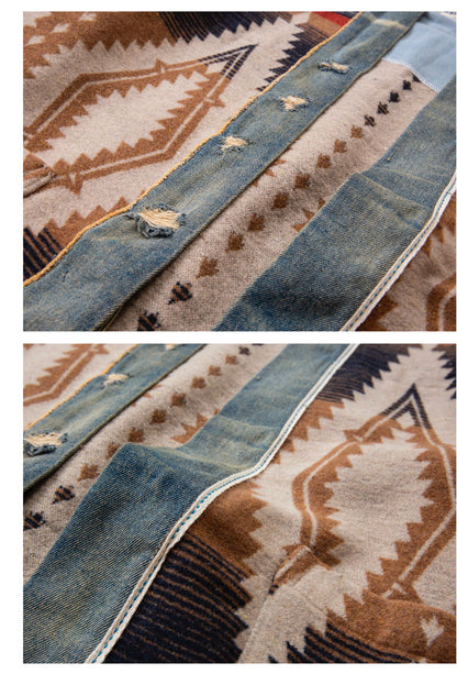 Men's Luckysartorius Japanese Retro Denim-Stitched Woolen Jacket - National Wind Robe Style Coat