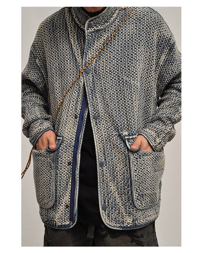 Textured Denim Jacket – Stand Collar & Bound Pockets