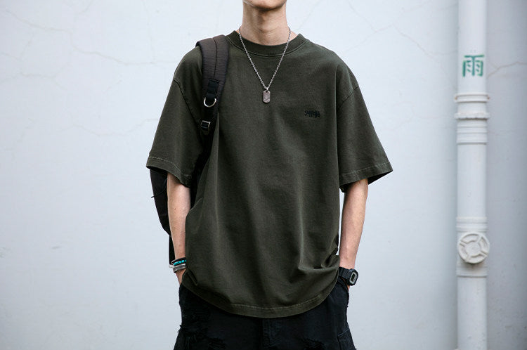 320G Heavyweight Washed Distressed Short Sleeve T-Shirt – Letter Embroidery Vintage Tee for Men – Japanese vintage | yamalin clothes | Yamalinclothes