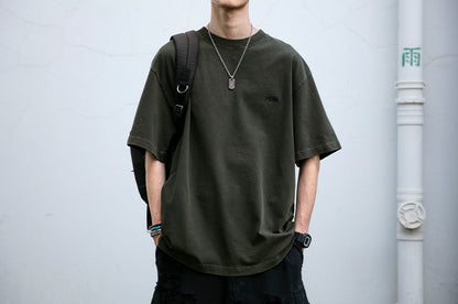 320G Heavyweight Washed Distressed Short Sleeve T-Shirt – Letter Embroidery Vintage Tee for Men – Japanese vintage | yamalin clothes | Yamalinclothes