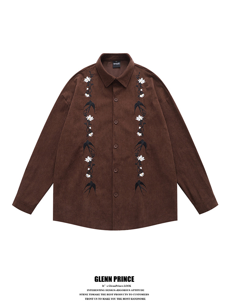 GPStudio American-Retro Floral Embroidery Corduroy Shirt – Long Sleeve, Loose Fit