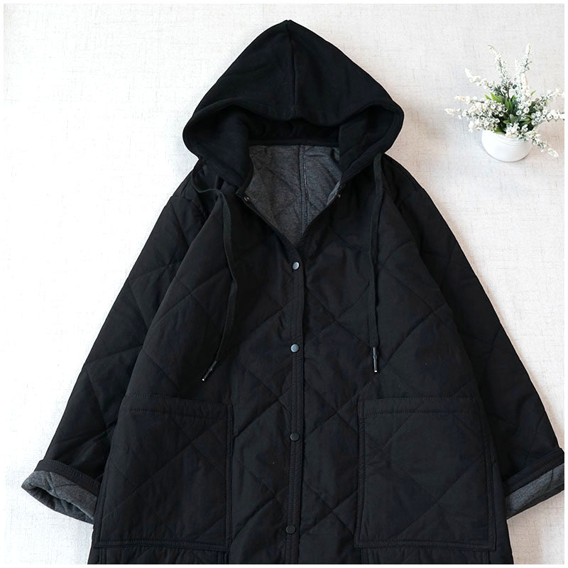 Warm Mid-Length Hooded Quilted Cotton Jacket – Loose, Retro Japanese Outerwear for Women