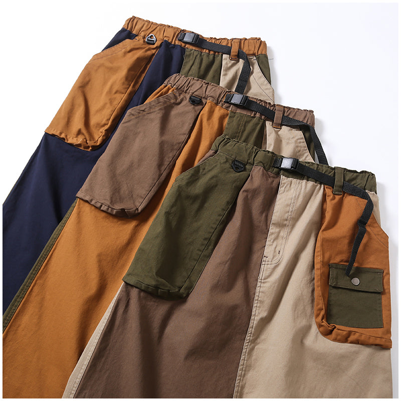 Japanese-Style Patchwork A-Line Skirt – Retro Loose Fit with Elastic Waist & Pockets