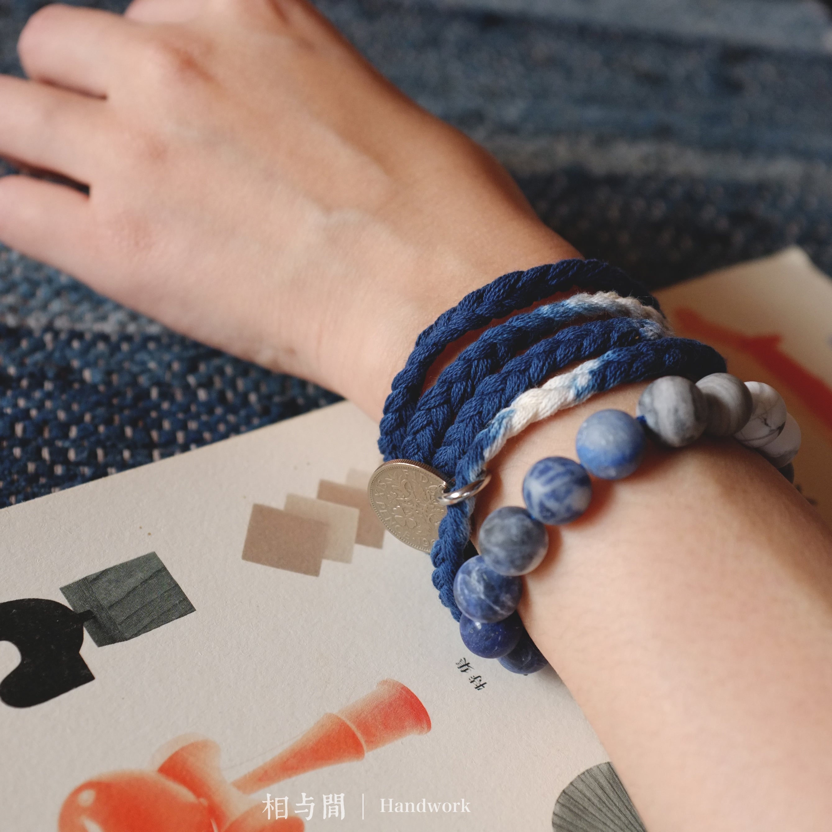 Sixpence Lucky Coin Blue Dyed Woven Bracelet Amekaji Indigo National Trend Couple Bracelet