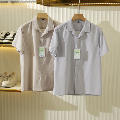 Bubble Gauze Texture 7A Antibacterial Cool Summer Men's Cuban Collar Striped Short Sleeve Shirt Top