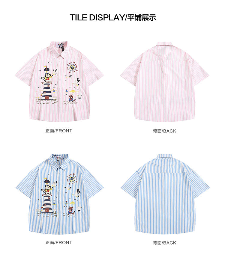 Japanese Style Trendy Cartoon Embroidery Vertical Striped Short Sleeve Shirt for Men Summer Loose Couple Half Sleeve Shirt