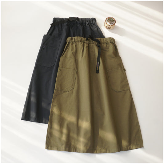 Japanese-Style Patchwork A-Line Skirt – High-Waist Loose Fit with Elegant Elastic Waist