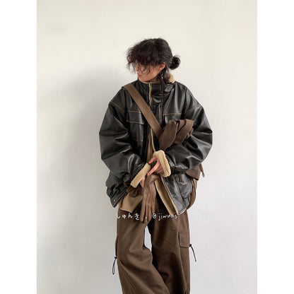 Lamb Fur Leather Jacket – Japanese Vintage Oversized Unisex