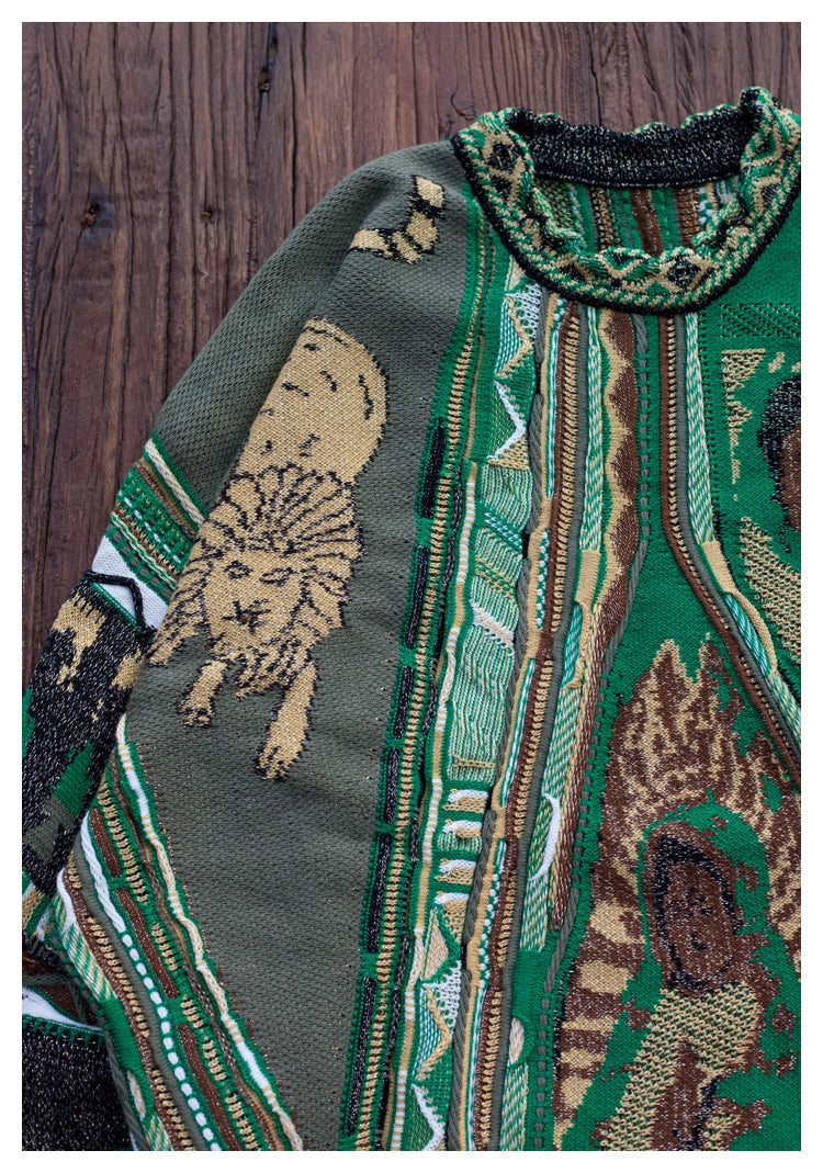 Vintage Green Lion Knit Sweater - Japanese Retro Crew Neck Pullover