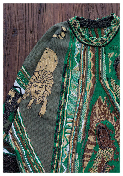 Vintage Green Lion Knit Sweater - Japanese Retro Crew Neck Pullover