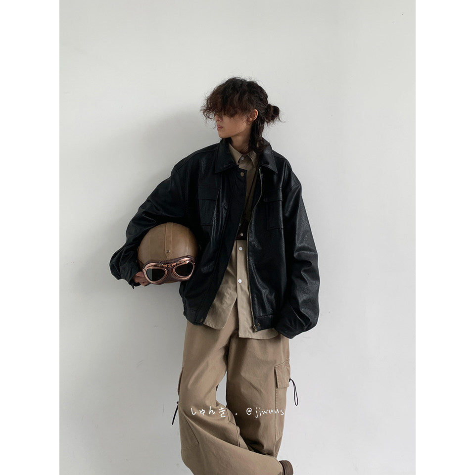 Vintage Moto Leather Jacket – Unisex PU Biker Brown Black